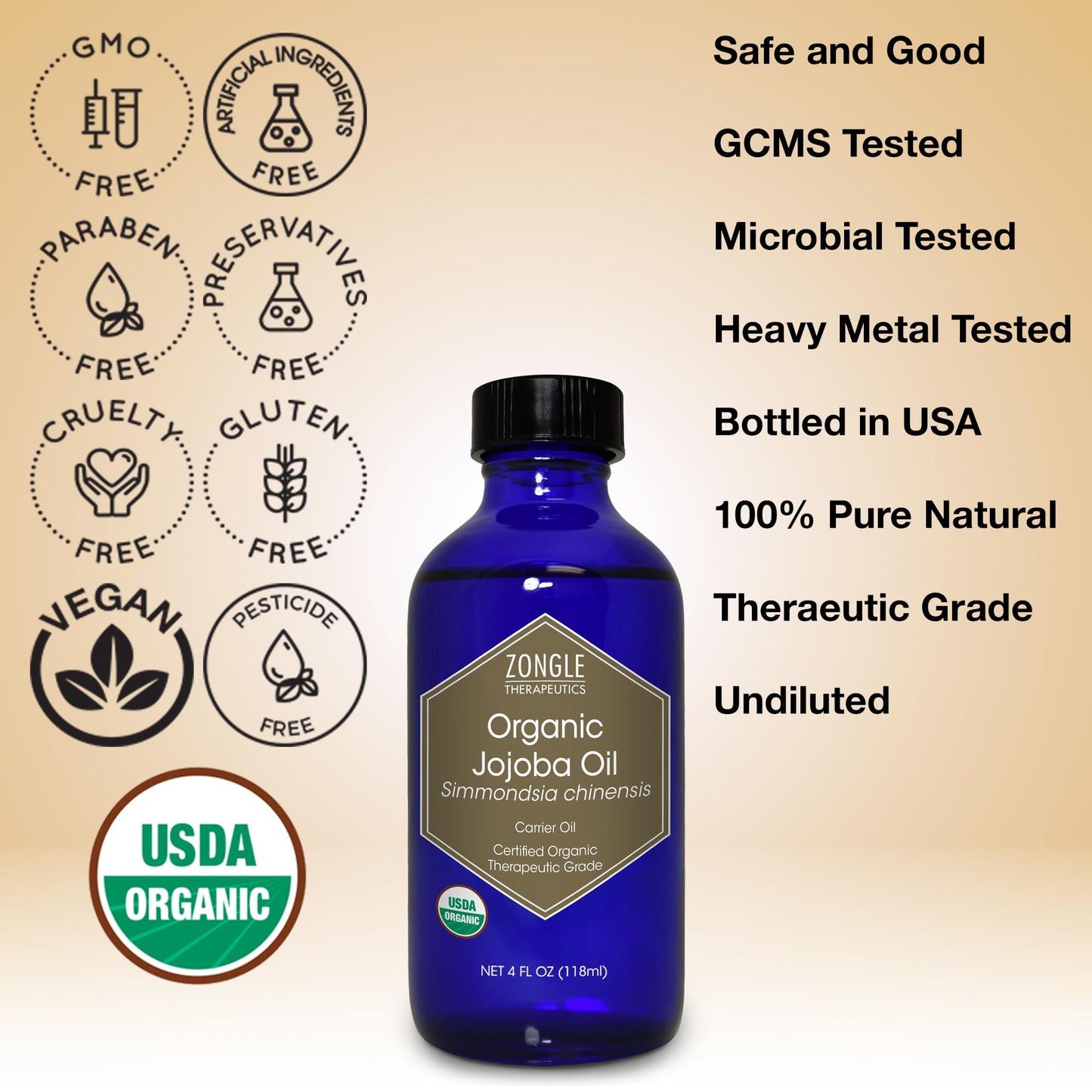 Organic, Jojoba Oil, for Skin, Hair, Face, Nails – 100% Pure, Jojoba Oil, Cold Pressed, Unrefined, by Zongle Therapeutics, 4 OZ