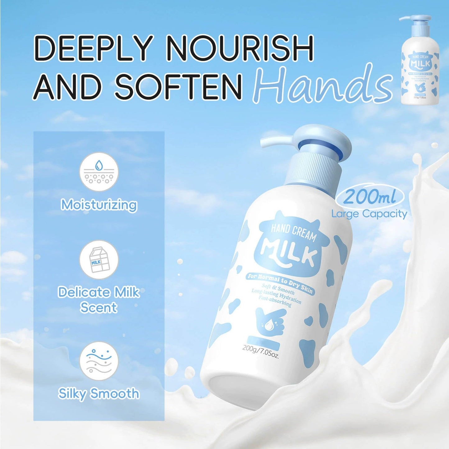 Milk Hand Cream, Skin Hydrating Lotion –Rich,Velvety Conditions & Protects Skin,Moisturizing Nourishing Exfoliating Hand Film Hands Carefor Dry Cracked Skin Body, Hand,Foot Large Capacity 200g/7.05 oz