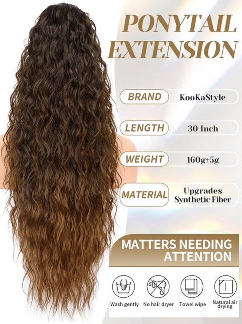 KooKaStyle Ponytail Extension 30 Inch Drawstring Pony Tails Hair Extensions for Women Long Curly Ombre Brown to Ginger Ponytail Synthetic Hairpieces for Daily Use
