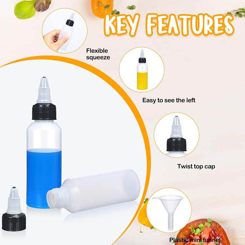 Boston Squeeze Bottles - 50 Pcs 2 oz Clear Plastic Dispensing Bottles with Twist Cap & Funnels | Perfect for Liquids & Oils