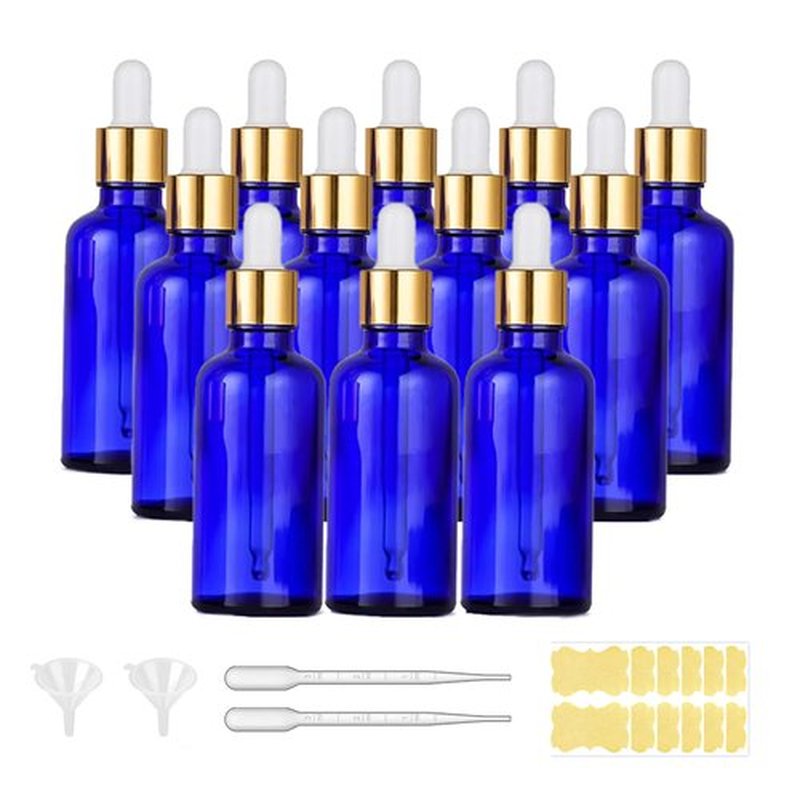 12 Pack 50ml Blue Glass Dropper Bottle, 1.7 oz Tincture Bottle with Droppper with Eye Dropper and Gold Cap, Leak Proof Travel Bottle for Essential Oils/Chemistry Lab Chemicals/Cologne and Perfume