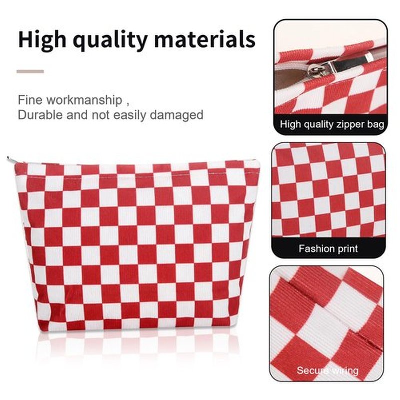 Wudimeitt Cosmetic bag Makeup bag Preppy Cute Corduroy Toiletry bag for women travel essentials (Plaid red)