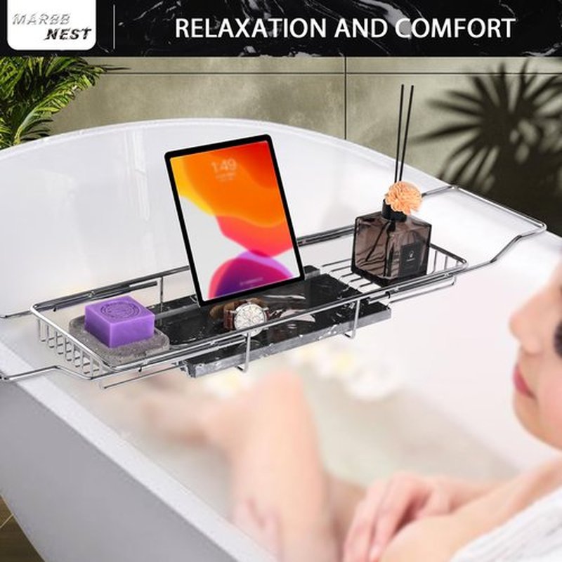MARBBNEST Bathtub Tray Caddy for Luxury Bath Expandable Extra Wide Bath Tub Tray with Natural Marble Tray and Mobile/Tablet Stand, Ideal for Home Spa Lovers (Chrome + Black)