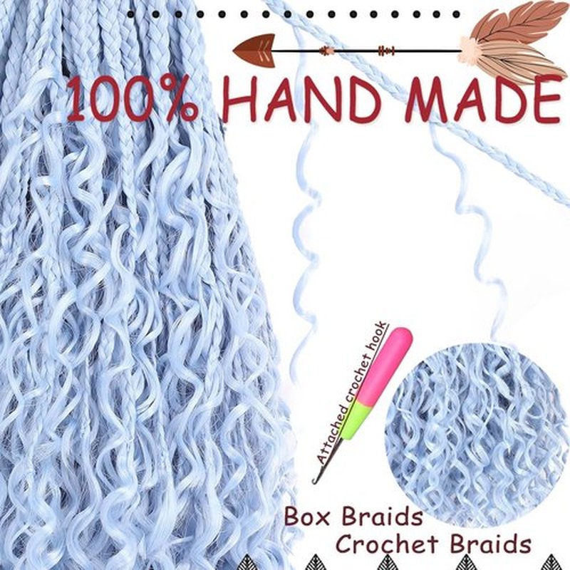 Beverlee 14 Inch Boho Box Braids 8 Packs Goddess Box Braids Crochet Hair Bohemian Hippie Braids Braiding Hair Box Braids with Curly Ends Messy Pre-looped Synthetic Crochet Hair for Women Light Blue#