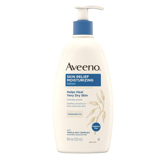 Aveeno Skin Relief Fragrance-Free Moisturizing Lotion for Sensitive Skin, with Natural Shea Butter & Triple Oat Complex, Unscented Therapeutic Body Lotion for Itchy, Extra-Dry Skin, 18 fl. oz
