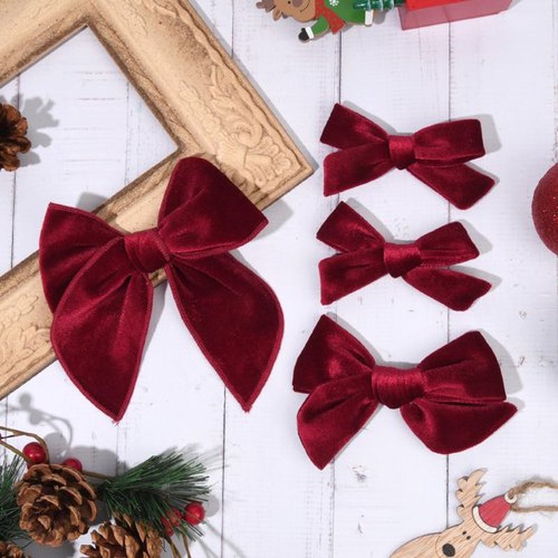 DEEKA 4 PCS Dark Red Velvet Hair Bows 3 Styles 5" & 4" Handmade Hair Bow set for Toddler Girls Alligator Hair Clips Knot Bows Hair Accessories for Little School Girls (Dark Red)