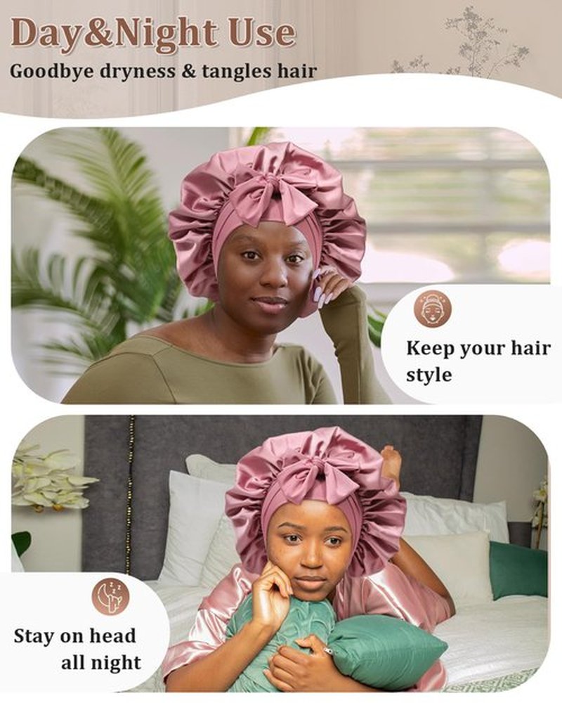Reversible Satin Bonnet for Sleeping Women Silk Bonnet Double Layer Hair Bonnet with 2PCS Hair Scrunchies Elastic Tie Band Night Cap Hair Wrap for Natural Curly Hair (Bean Paste + Pink)