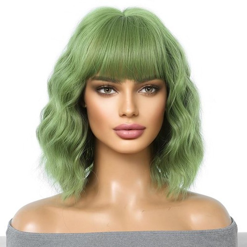 MAGQOO Green Wig for Women Green Bob Wigs Short Curly Wavy Green Wigs with Bangs Costume Cosplay Halloween