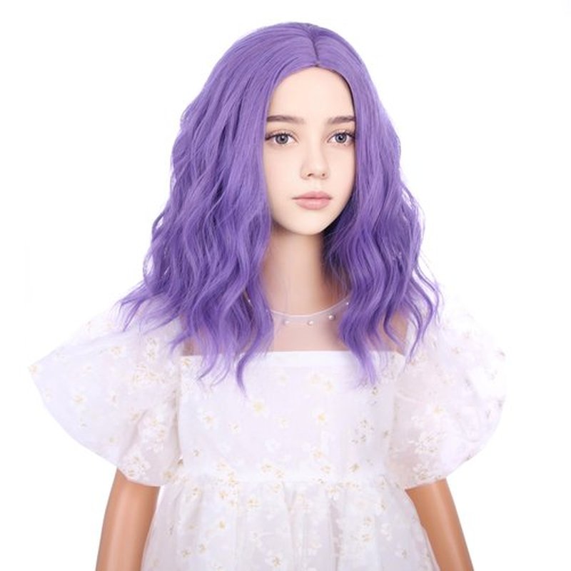 DUDUWIG Mixed Purple Wig for Kids Girls Short Light Purple Wavy Curly Wig Child Purple Side Part Wigs for Dress Up Party Cosplay Synthetic Wigs Hairnet Include