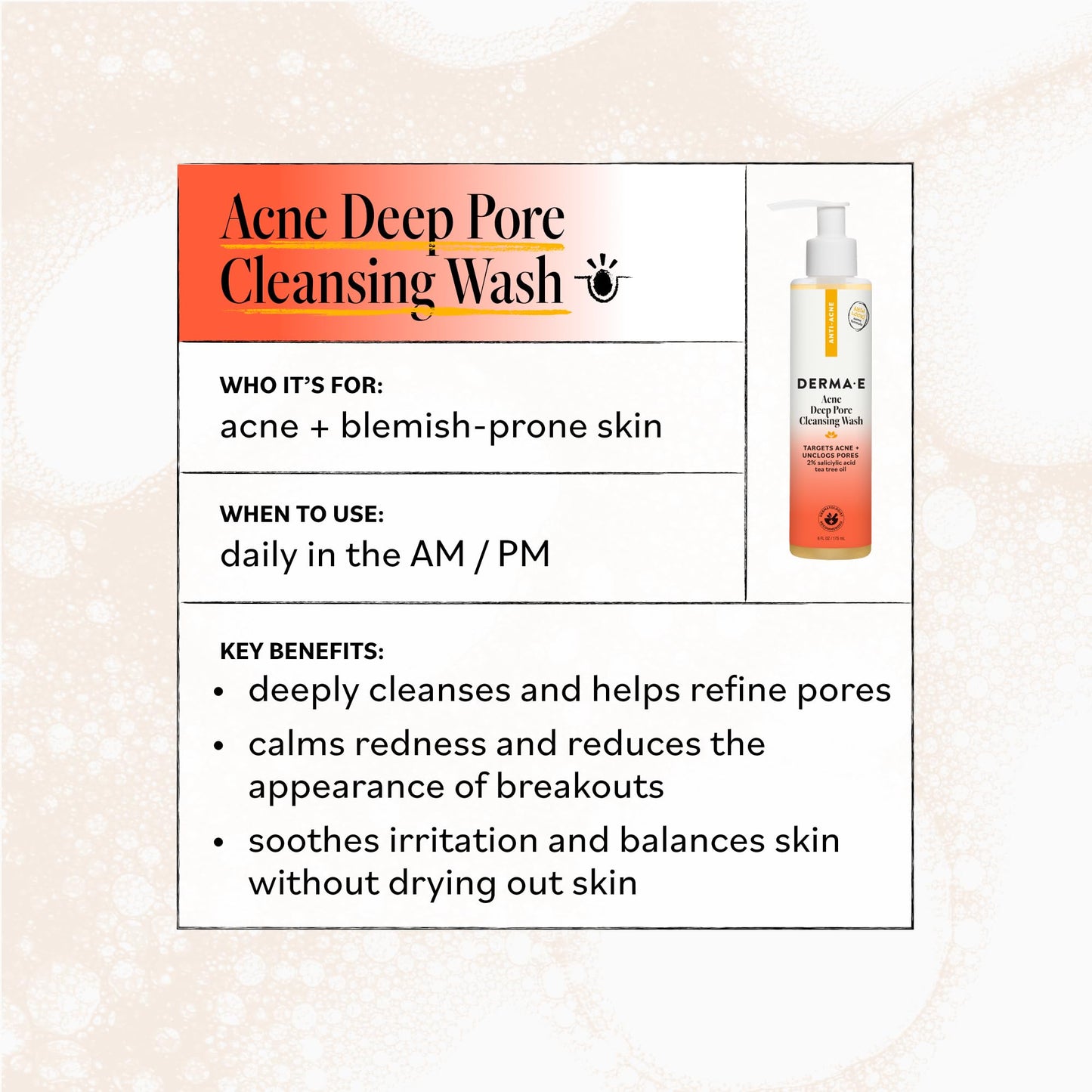 Derma E Acne Deep Pore Cleansing Wash – Blemish Control Facial Cleanser with Salicylic Acid - Gentle Oil Control Face Wash Soothes and Balances Skin, 6 fl oz