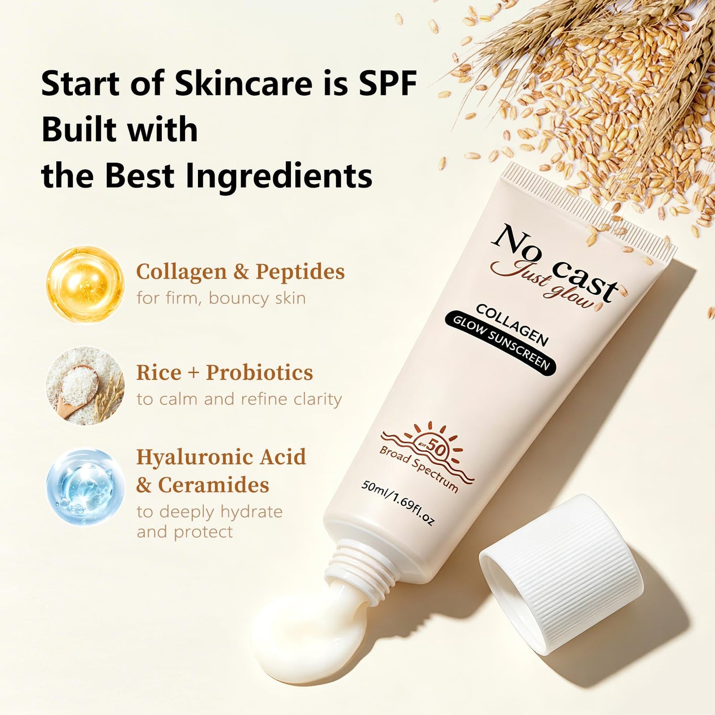 2026 NEW No Cast Just Glow Collagen Sunscreen | SPF 50 Broad Spectrum Face Sunscreen | Lightweight, Non-Sticky, Hydrating Formula | Peptide, Cica for Soothing & Glow | Korean Skincare
