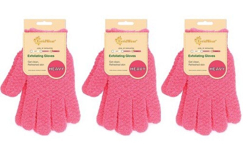 Evridwear Exfoliating Gloves for Shower, 100% Nylon Thick Soft Medium Heavy Bathing Gloves Dead Skin Remover Body Scrubber Smooth Skin with Hang Loop, 3 Pairs Heavy Hot Pink