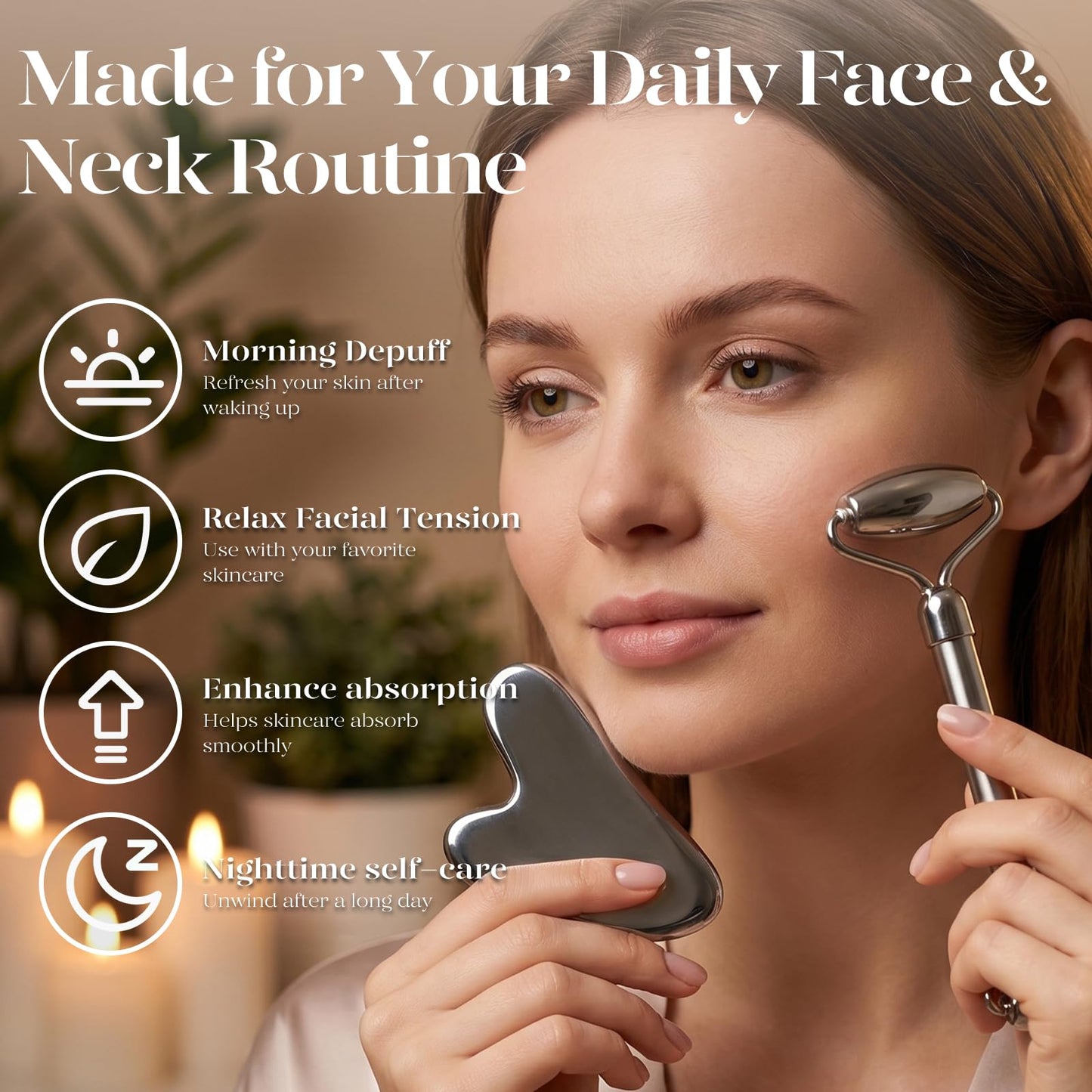 BAIMEI Stainless Steel Gua Sha & Face Roller Set, Facial Massage Tool for Face, Neck and Body, Cooling Metal Skin Care Tools for Depuffing Routine, Self Care Gift for Women