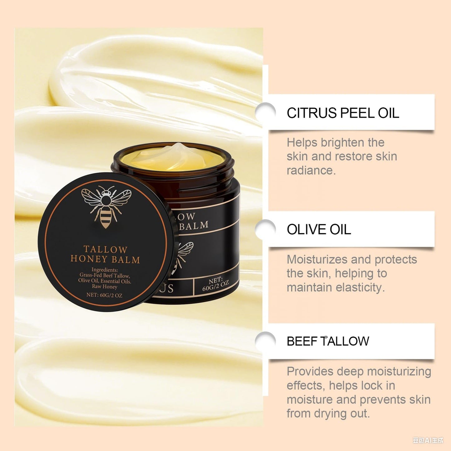 CHHQLZS Tallow Honey Balm for Skin, Natural Handmade Citrus Moisturizer for Soft Smooth Face Hands & Body, 2 Oz