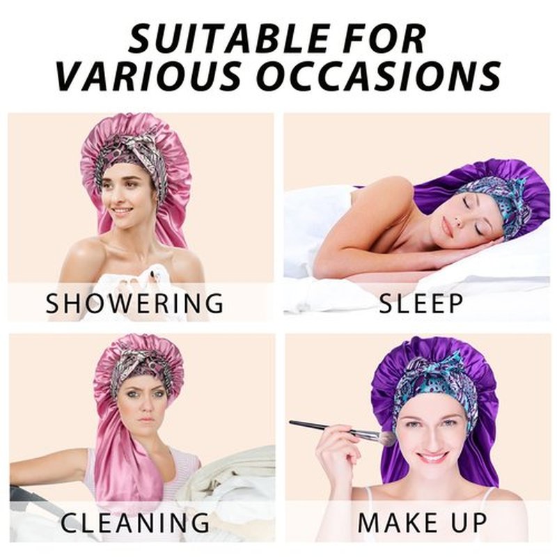 2Pack Bonnets for Black Women Braid Bonnet, Large Long Bonnet Satin Bonnet for Braids,Black Women Silk Bonnet with Stretchy Tie Band Braid Bonnet for Sleeping Extra Long (Purple&Pink Pattern)