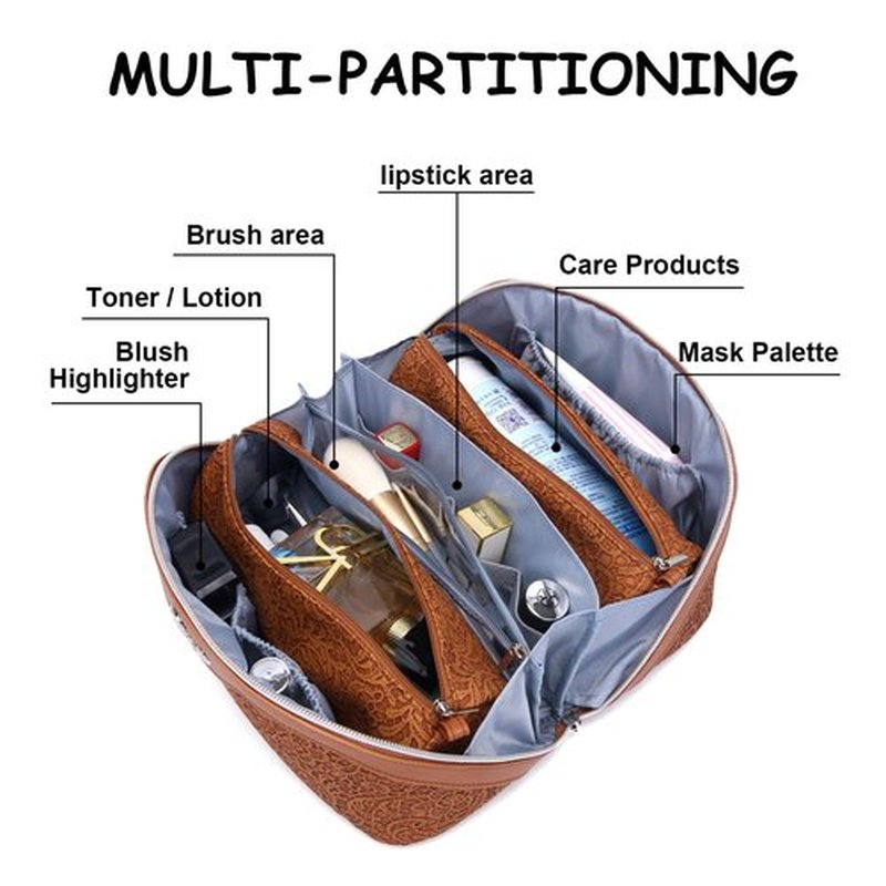 Travel Makeup Bags Cosmetic Organizer Bag: 3-Set Large Capacity Make up Bag - PU Leather Toiletry Bag for Women - Wide Open Portable Pouch with Divider & Handle (02-Z-Brown)