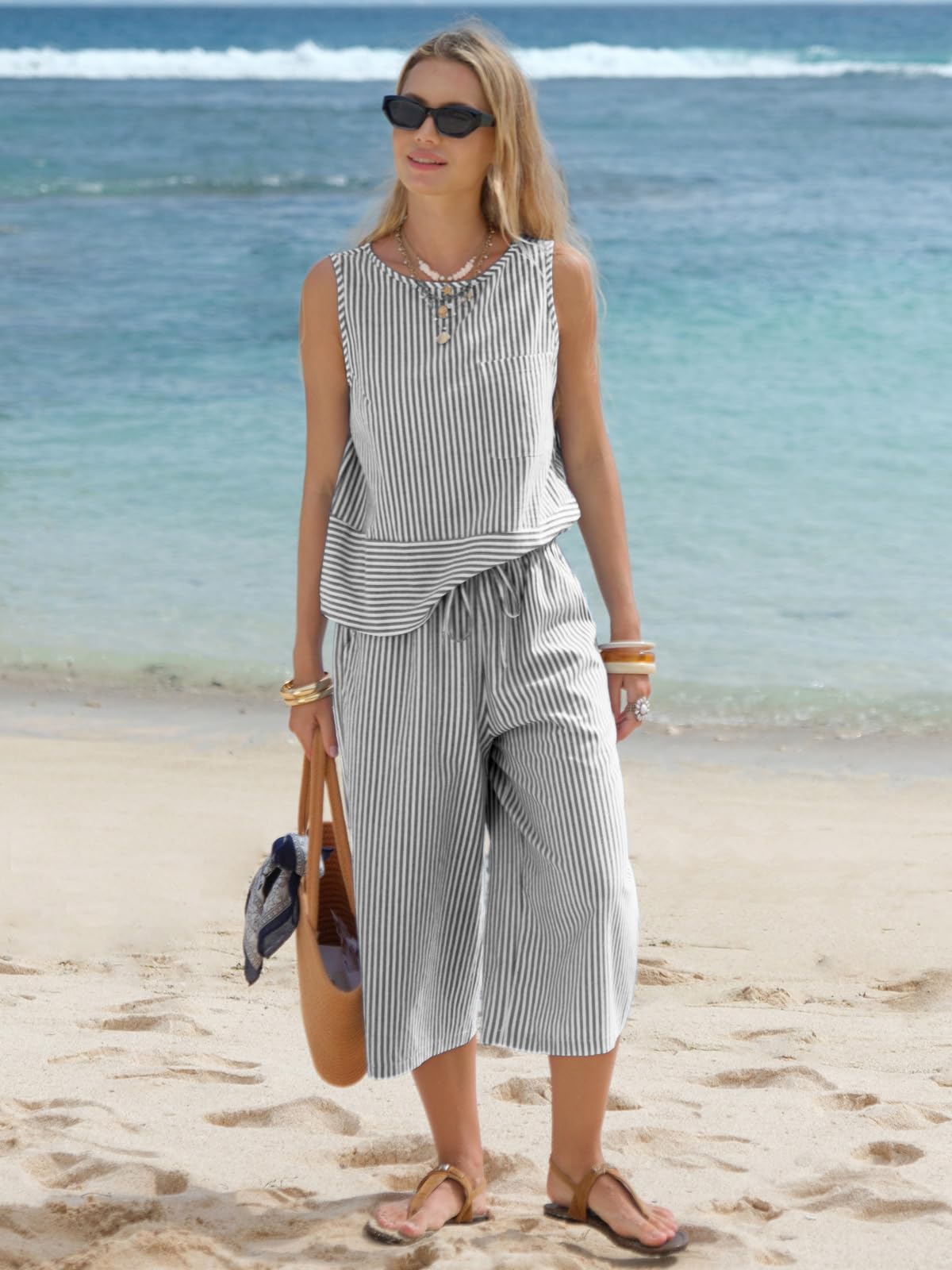 EXLURA Womens Summer 100% Cotton 2 Piece Outfits Striped Sleeveless Top Capri Wide Leg Pants Sets Faux Linen Beach Vacation