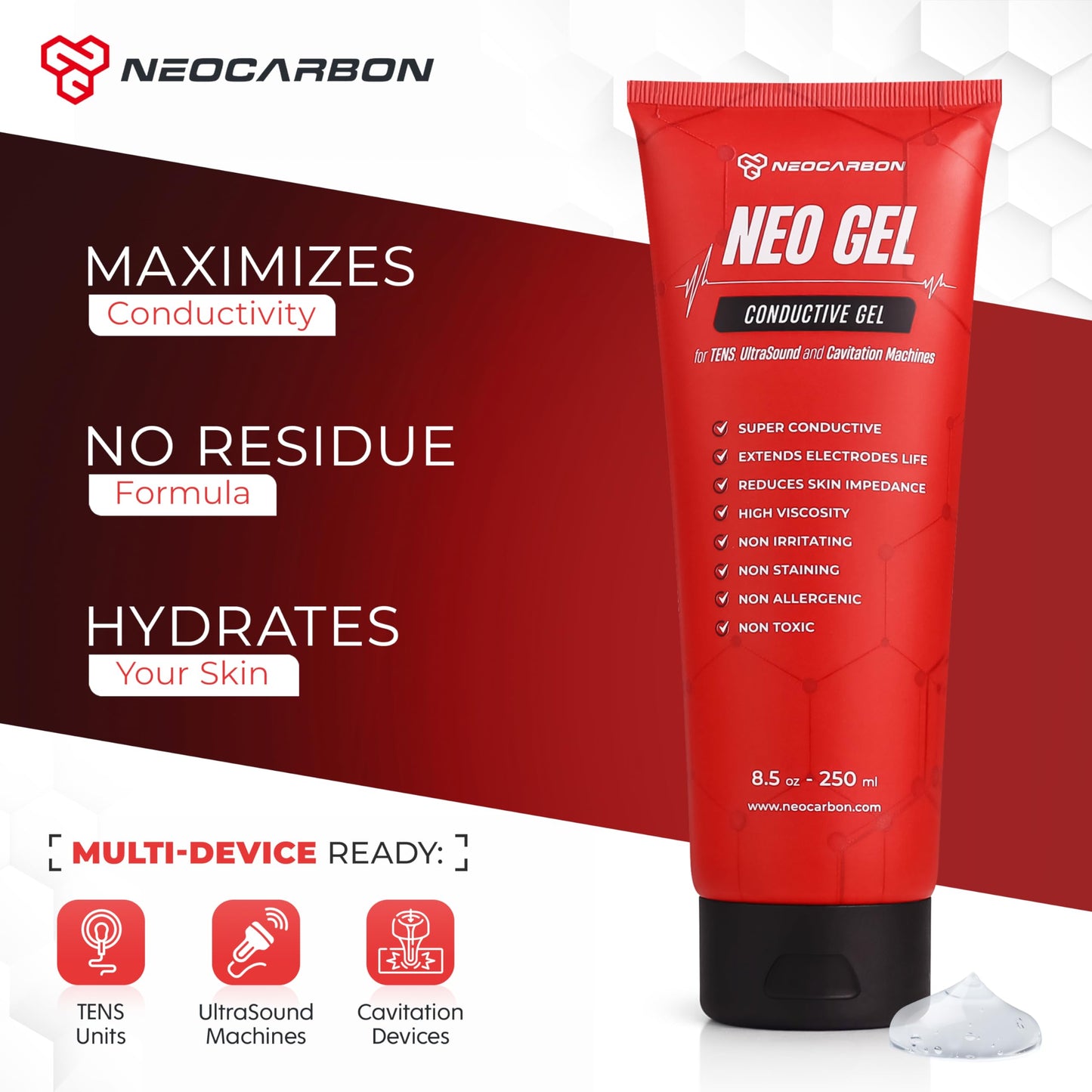 NEOCARBON Electrode Conductive Gel for TENS Unit, Doppler Ultrasound Device, Cavitation microcurrent Machine and Replacement Pads, Clear 2 Pack, 250 ml