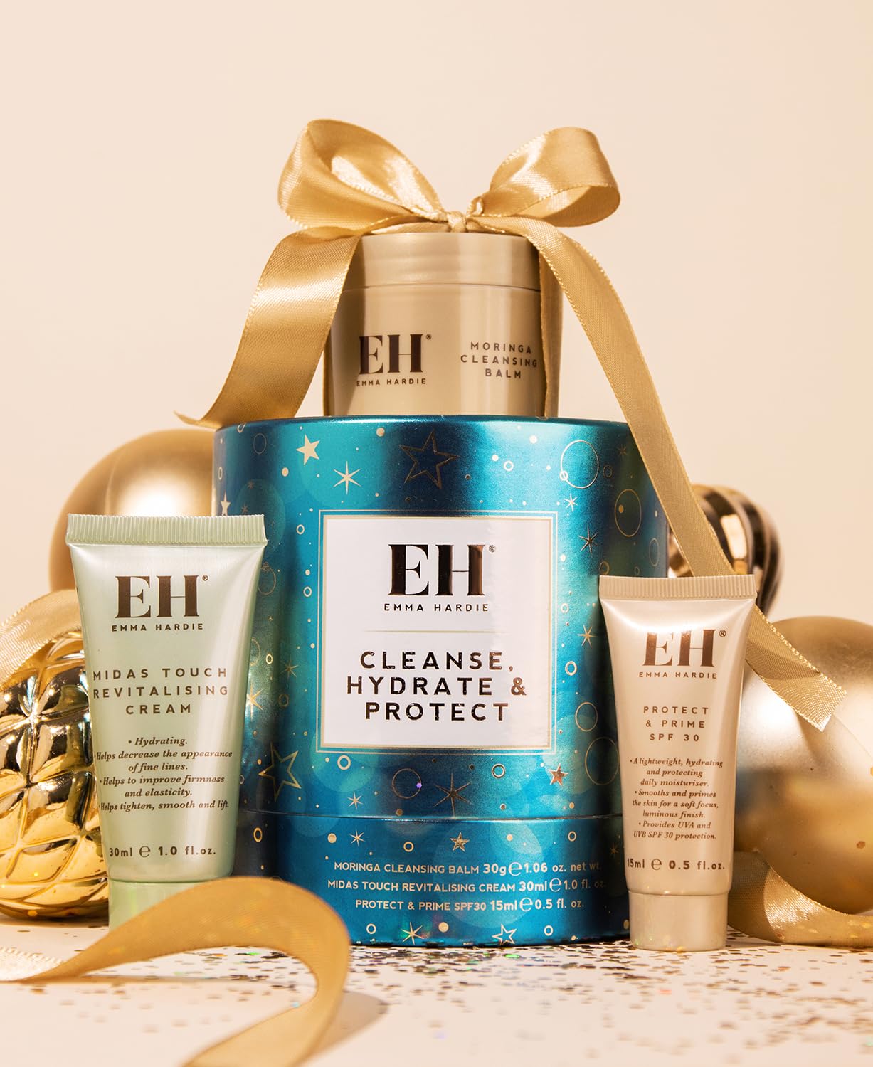 Emma Hardie Cleanse, Hydrate & Protect Gift Set: 30ml Moringa Cleansing Balm, 30ml Midas Touch Revitalising Cream & 15ml Protect & Prime SPF30 Sunscreen Face Moisturiser, Natural & Cruelty Free