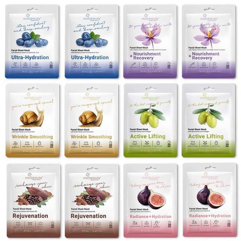 VIABEAUTY 12 Pack of Sheet Face Masks Skincare - Collagen Face Mask Sheets with Hyaluronic Acid, Vitamin C, Snail Mucin - Facial Sheet Mask for Hydrating, Rejuvenating, Moisturizing