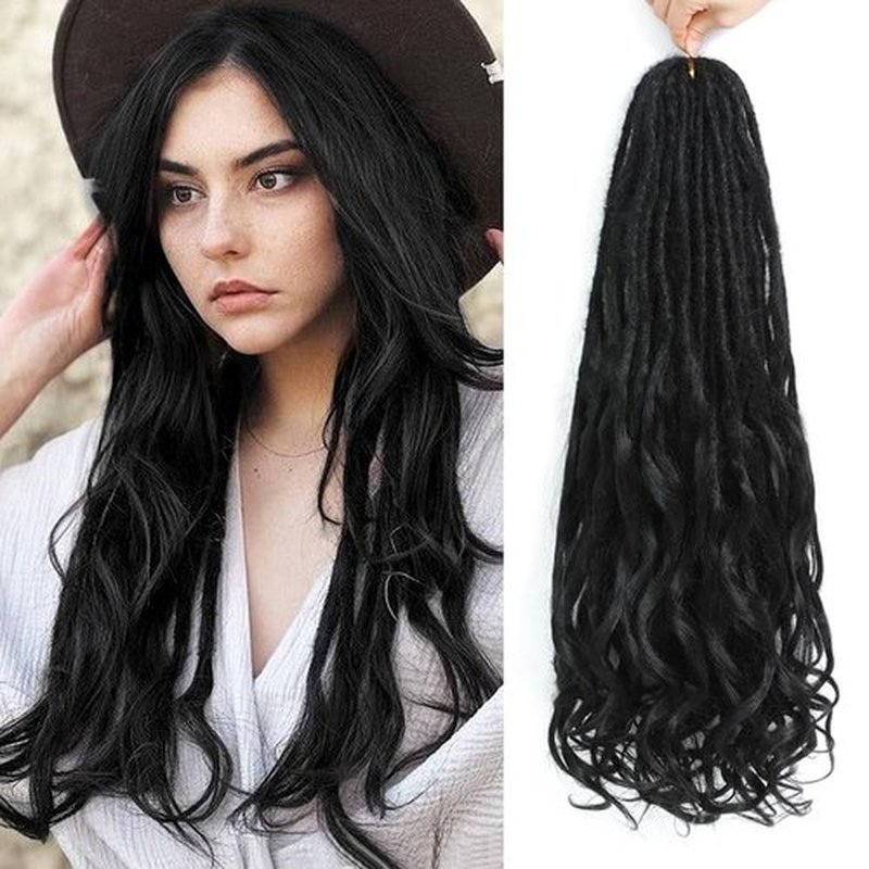 Aguacor Loose Wave Dreadlocks Synthetic French Curly Double Ended Dreadlock Extensions 24inches 10 Strands Thin Soft Black Spanish Curly DE Dreadlock Extensions for Women (10 Strands, 1B#）