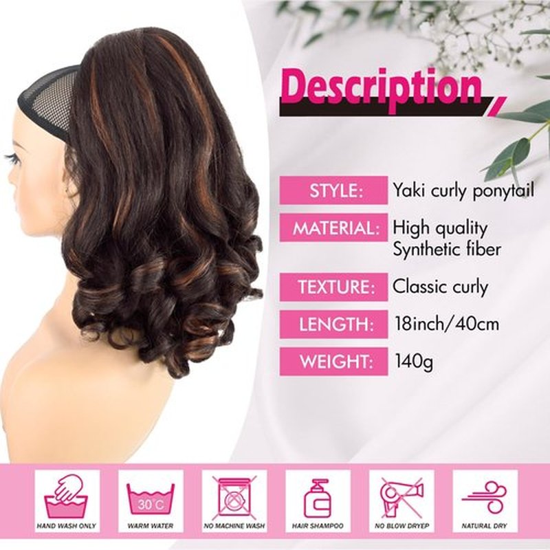 UAmy hair Long Curly Drawstring Ponytail for Women 18inch Dark Brown with Highlights Loose Curly Ends Yaki Straight Drawstring Ponytail Synthetic Curly Yaki Pony Tail Hairpieces for Daily Use(4H30)