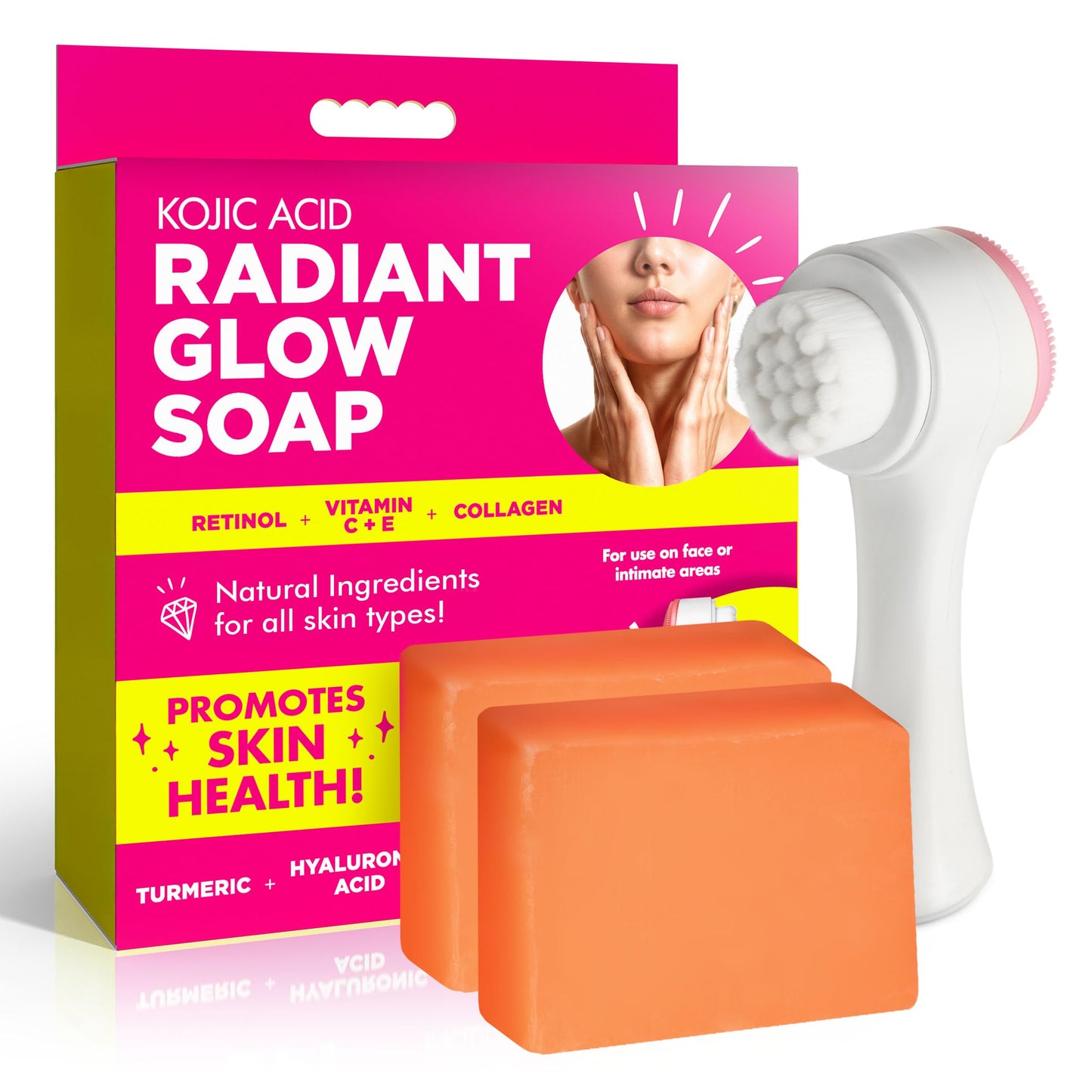 Cleanstream Radiance Soap Bars with Retinol, Vitamin C & Collagen – Gentle Cleanser for Face, Body & Intimate Areas – With Shea Butter, Turmeric & Hyaluronic Acid – Includes Soft Brush