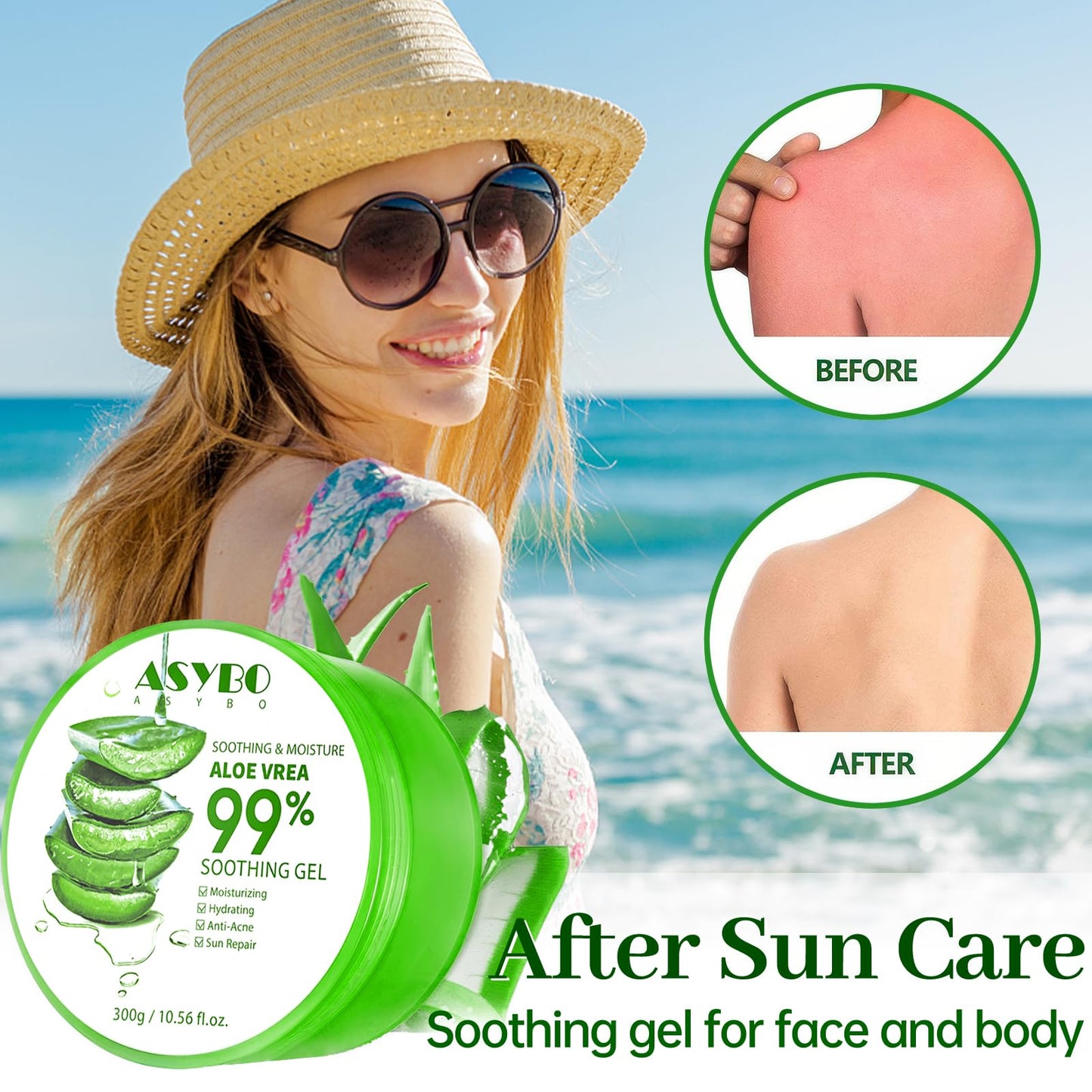 ASYBO 300 ML Natural Aloe Vera Gel -Organic Moisturizing Cream, Soothing and Hydrating, Sunburn and Scar Repair, Care for Face Body Hair