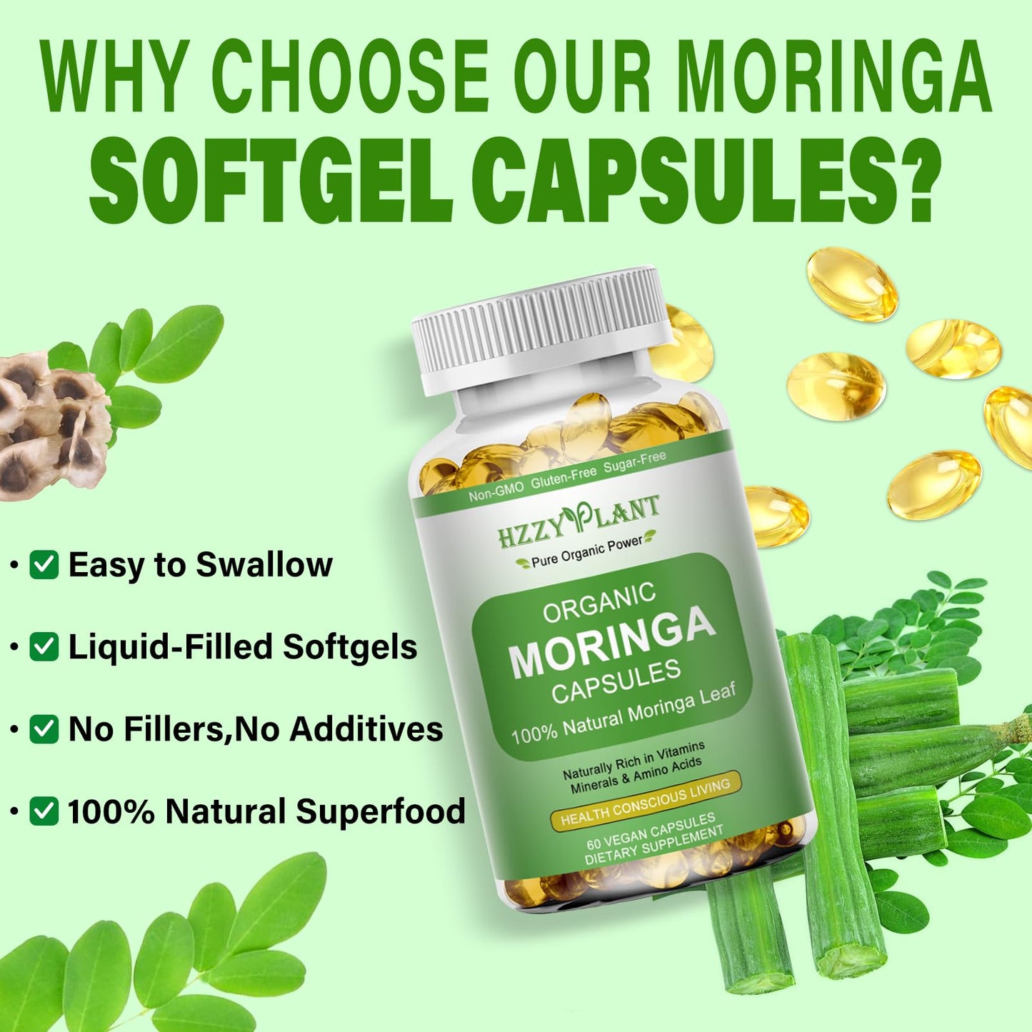 Moringa Softgel Capsules, Made with Pure Moringa Oleifera Leaf, Green Superfood High Absorption than Moringa Powder Capsules, for Energy, Immunity & Joint Health,Vegan,Non GMO,2 Month Supply
