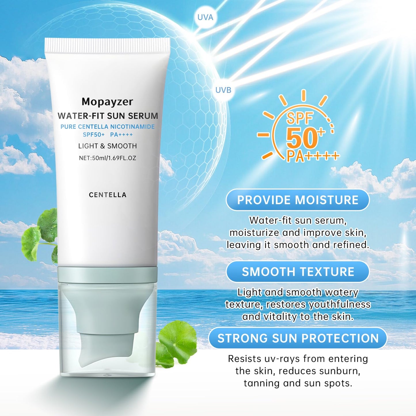 Centella Sunscreen SPF 50, Sunscreen for Face, Water Resistant Strong UV Protection No White Cast, Centella Madagascar Face Suntan Lotion Oil Free Korean Skincare(Green 1)