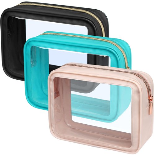 PACKISM TSA Approved Toiletry Bag - 3 Pack Upgrade Color-Edged Clear Makeup Bag, Clear Toiletry Bag For Traveling Fits Various Storage Needs, Black/Pink/Turquoise