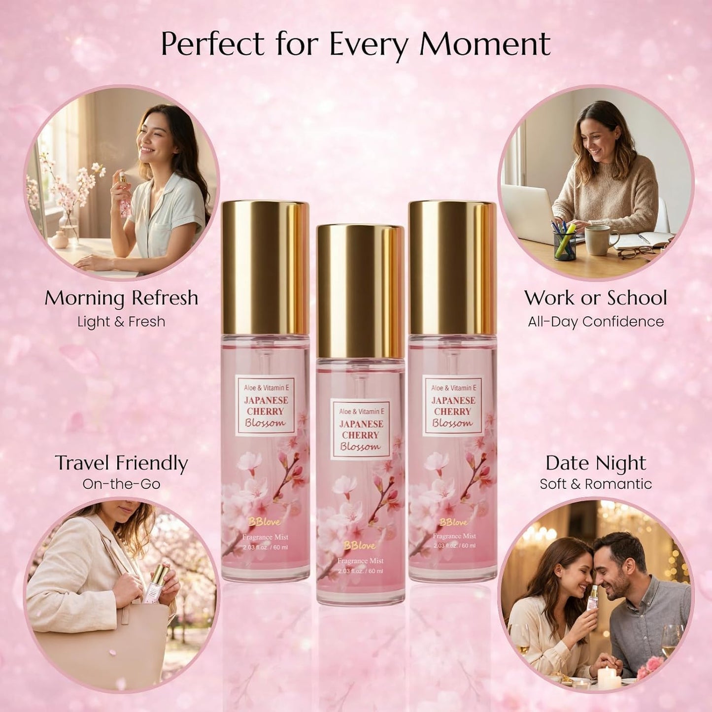 BBlove Body Mist Set for Women – Japanese Cherry Blossom Bath & Body Care, Body Spray 3 Pack (Travel Size 2.03 Fl Oz Each) – Floral Fragrance Gift Set for Mother's Day, Birthday & Holiday