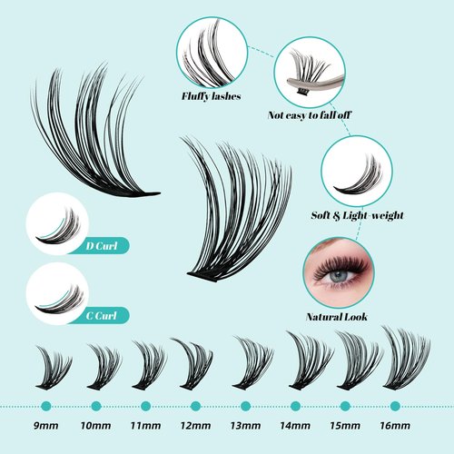 Lash Clusters Kit 320Pcs,DIY Individual Lashes Clusters Kit,Lash Bond And Seal,Lash Remover For Eyelashes Extensions,Lash Applicator Tool For False Eyelash Cluster Kit At Home(3040D,D-Mix9-16mm Kit)