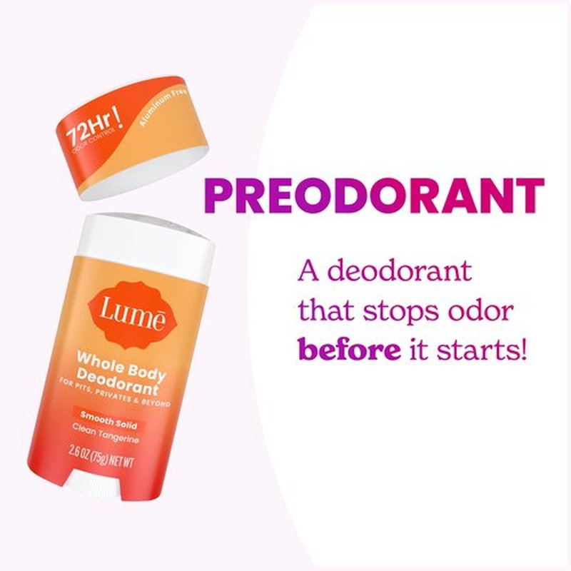 Lume Whole Body Deodorant - Smooth Solid Stick - 72 Hour Odor Control - Aluminum Free, Baking Soda Free and Skin Loving - 2.6 Ounce (Pack of 3) (Clean Tangerine)