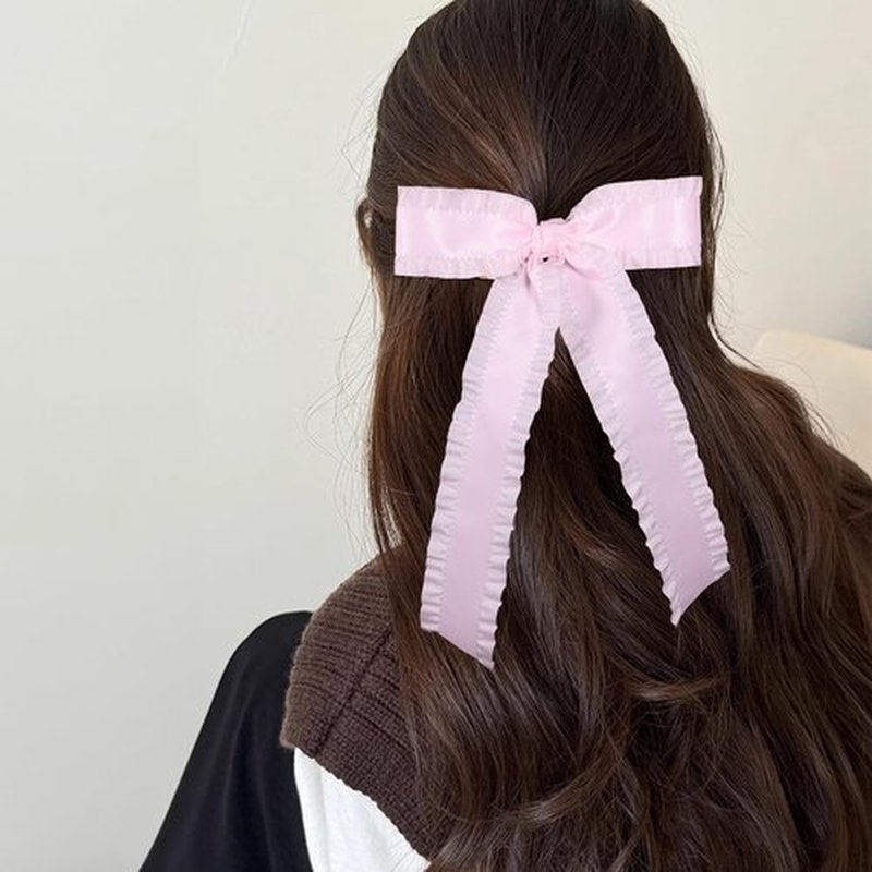 Light Pink Ruffle Ribbon Hair Bow Clips with Long Tail for Women Girls Big Stylish Satin Ponytail Holder Decor Accessories Slides Metal Clips Hair Bow for Any Occasion 5.5in