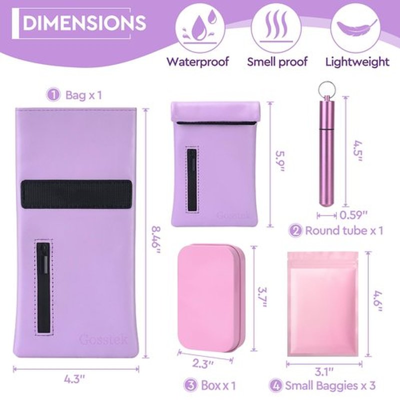 Gosstek Pocket Size Smell Proof Storage Bag with 3 Small Accessories, PU Leather Smell Proof Storage Case and Great Gift for Women, Portable Pocket Pouch for Home and Travel (Purple Set)