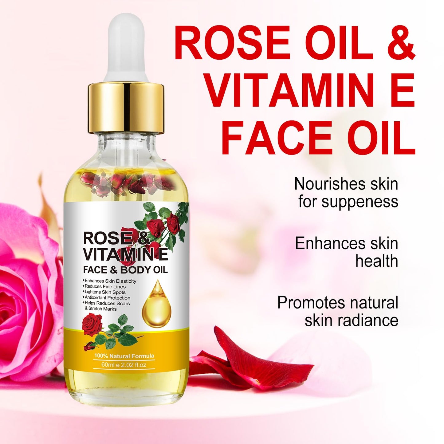 Rose Oil for Face, Vitamin E & Rose Facial Oil with Gua Sha Tool Set, Vitamin E Nourishing Moisturizing Oil for Face & Skin 2 Fl Oz ﻿
