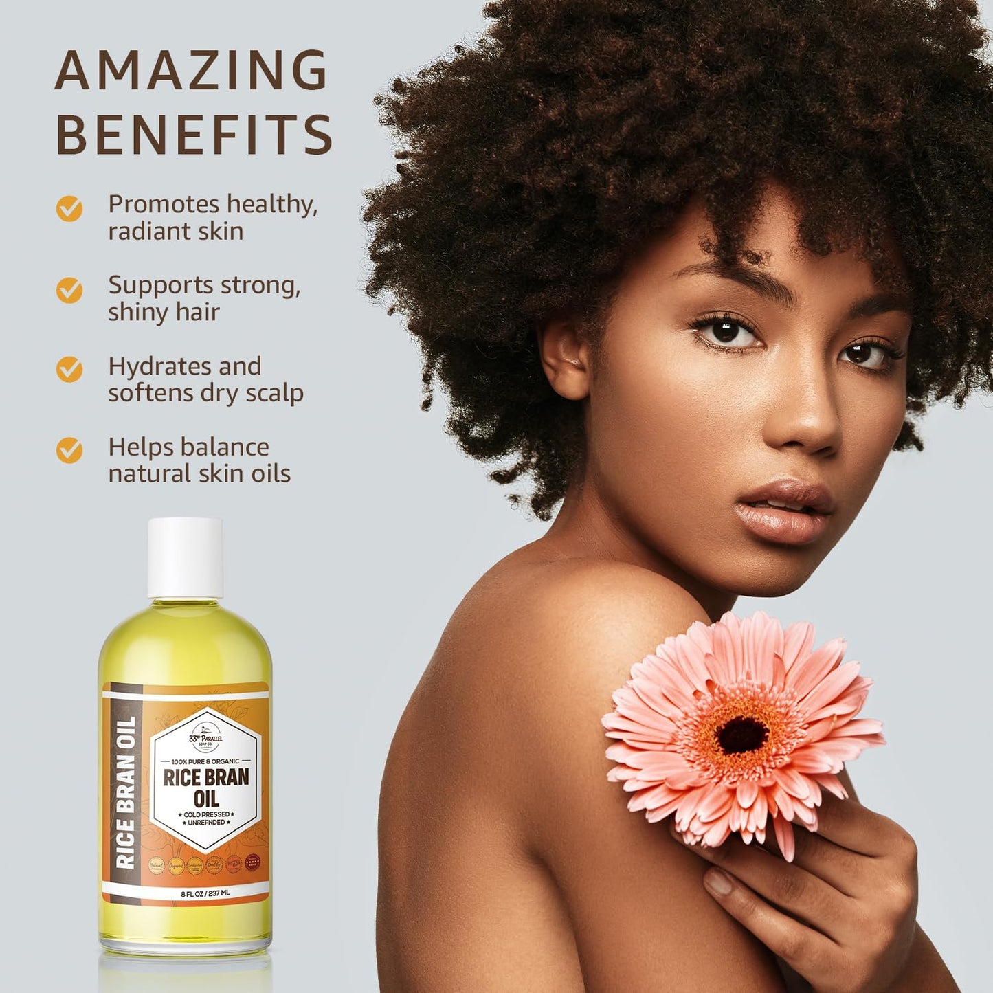 ORGANIC RICE BRAN OIL (32 oz) Premium Cold Pressed Unrefined | 100% Pure Rice Bran Oil for Skin, Face, Hair, Soap Making | Carrier for Essential Oils | Available in Bulk | 32 FL OZ