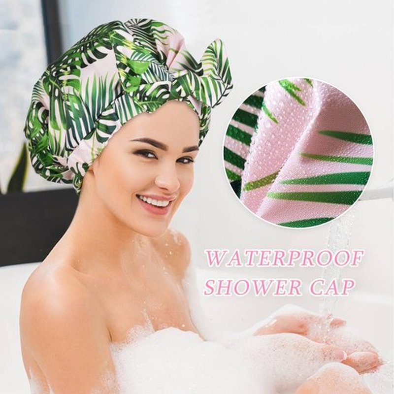 Luvruitaky Shower Cap Luxury Shower Caps for Women Reusable Waterproof Hair Cap for Shower with Adjustable Bowknot Hair Bath Cap (Green Palm)