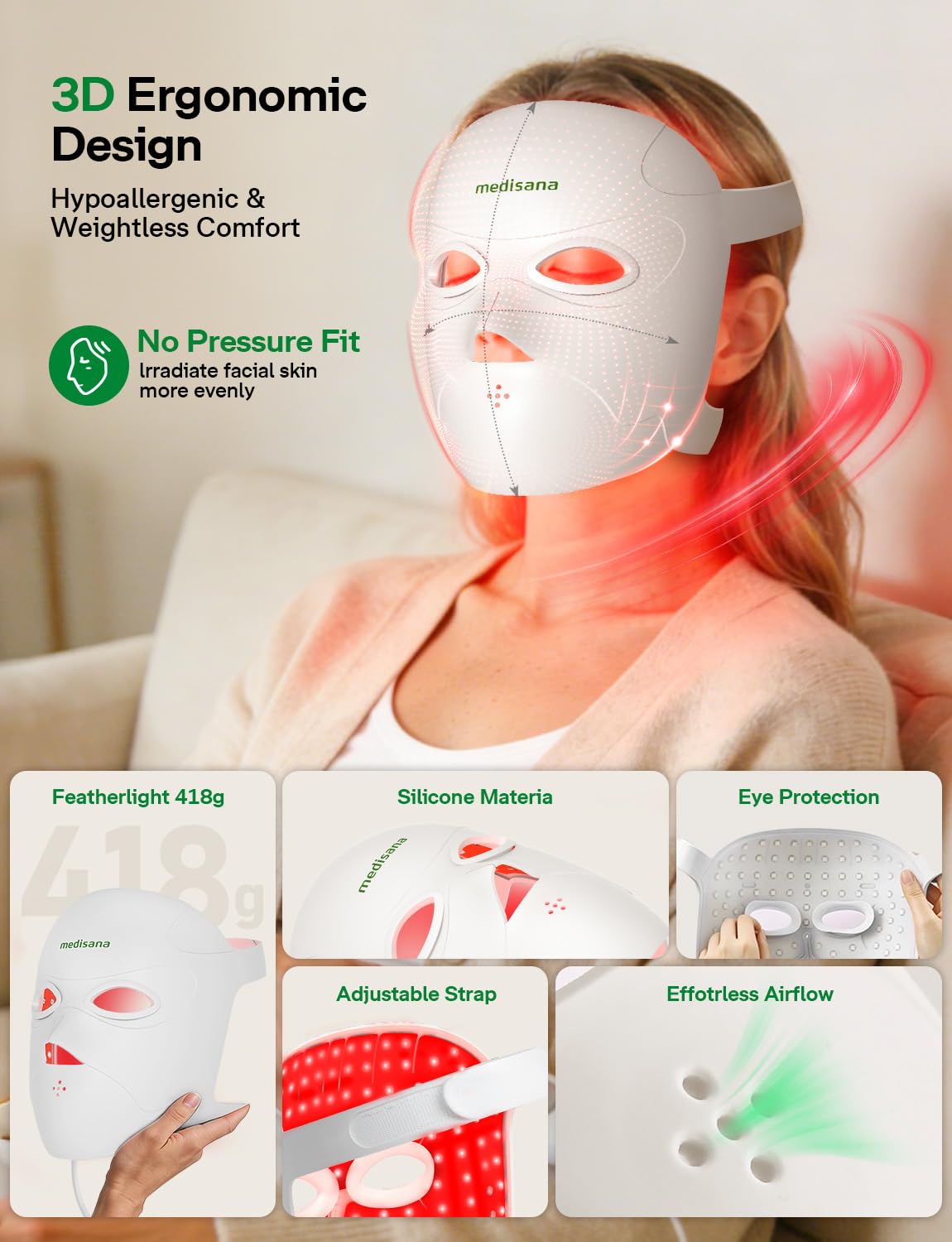 Medisana 3D Red Light Therapy Mask for Face, 336 LEDs Light Therapy Mask with 3 Modes - NIR 830nm, Red 630nm, Blue 415nm - Cordless & Rechargeable LED Face Mask for Home, Skincare Gifts (White)