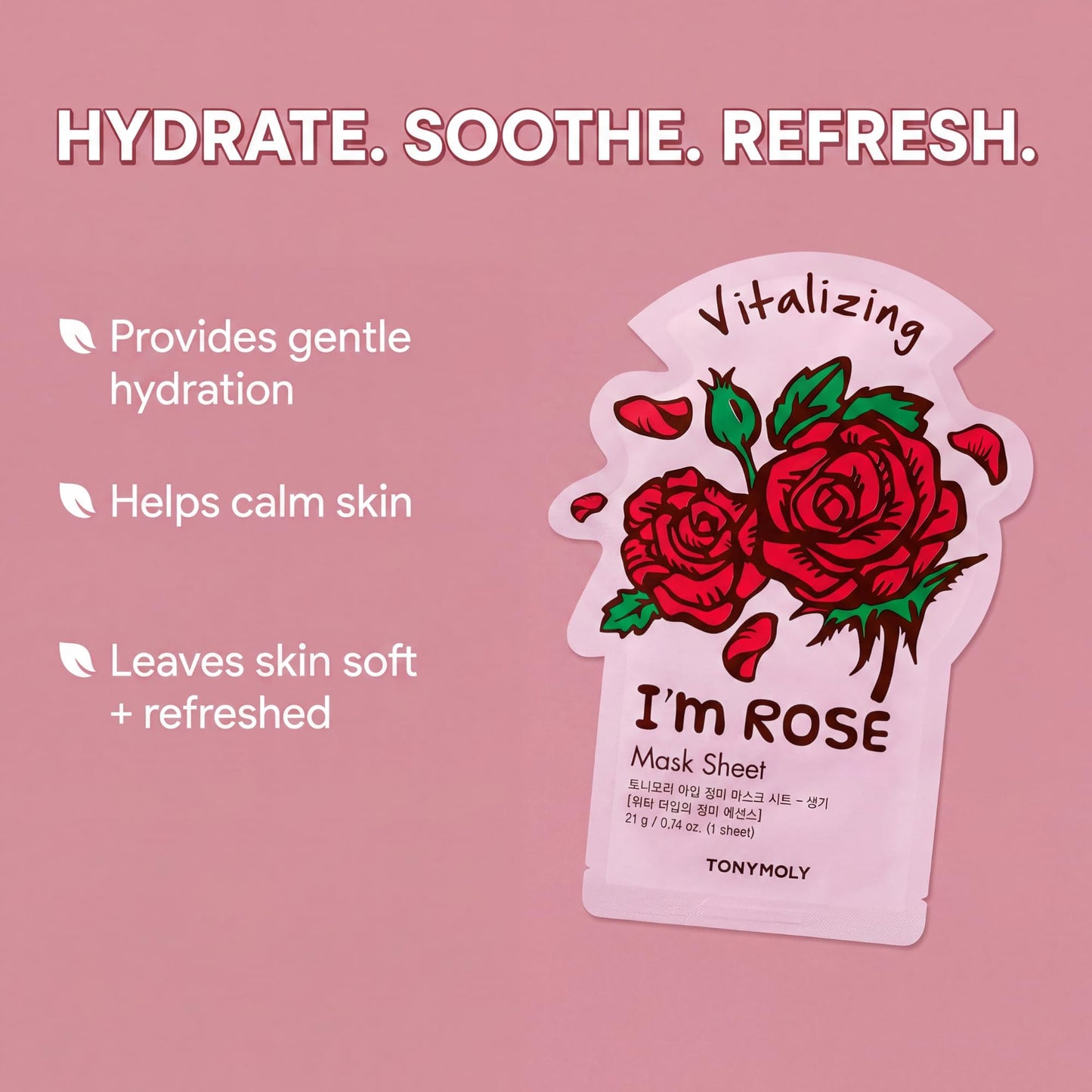 TONYMOLY I’m Rose Sheet Mask - Korean Hydrating & Moisturizing Face Mask with Vitamin Infused Rose Extract, Soothes Skin