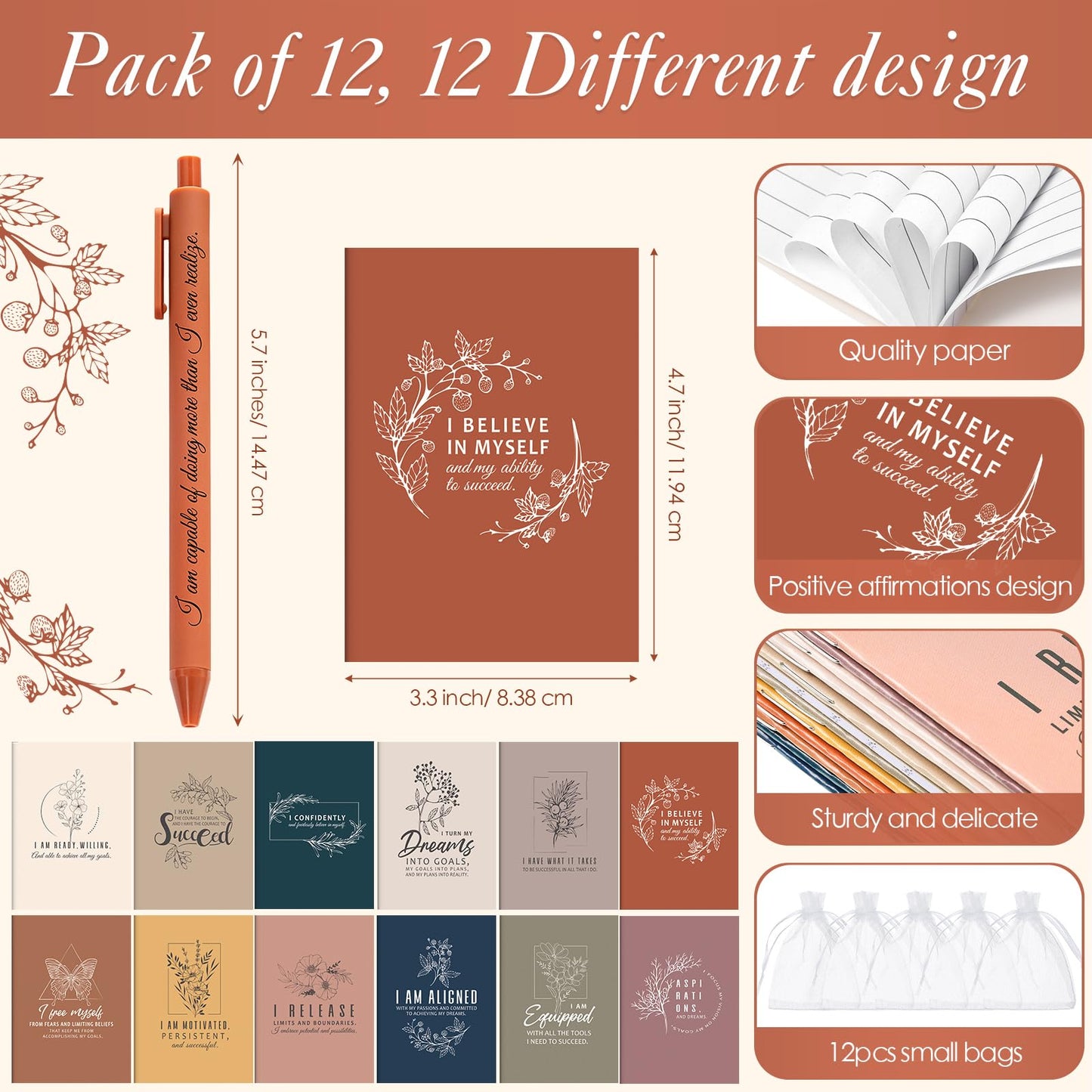Mooliwe 24 Pcs Positive Affirmation Gift Set Gratitude Notebooks with Pens Small Bags Motivational Encouragement Notepads Daily Affirmations Journal for Women Stress Relief Self Care (Simple)