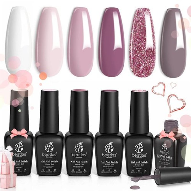 Beetles Romantic Wedding Gel Nail Polish Set 6 Colors Classic French White Soft Pink Glitter Bridesmaid Gel Polish Kit Winter Nail Art Soak Off UV DIY Home Manicure Kit Gifts for Women