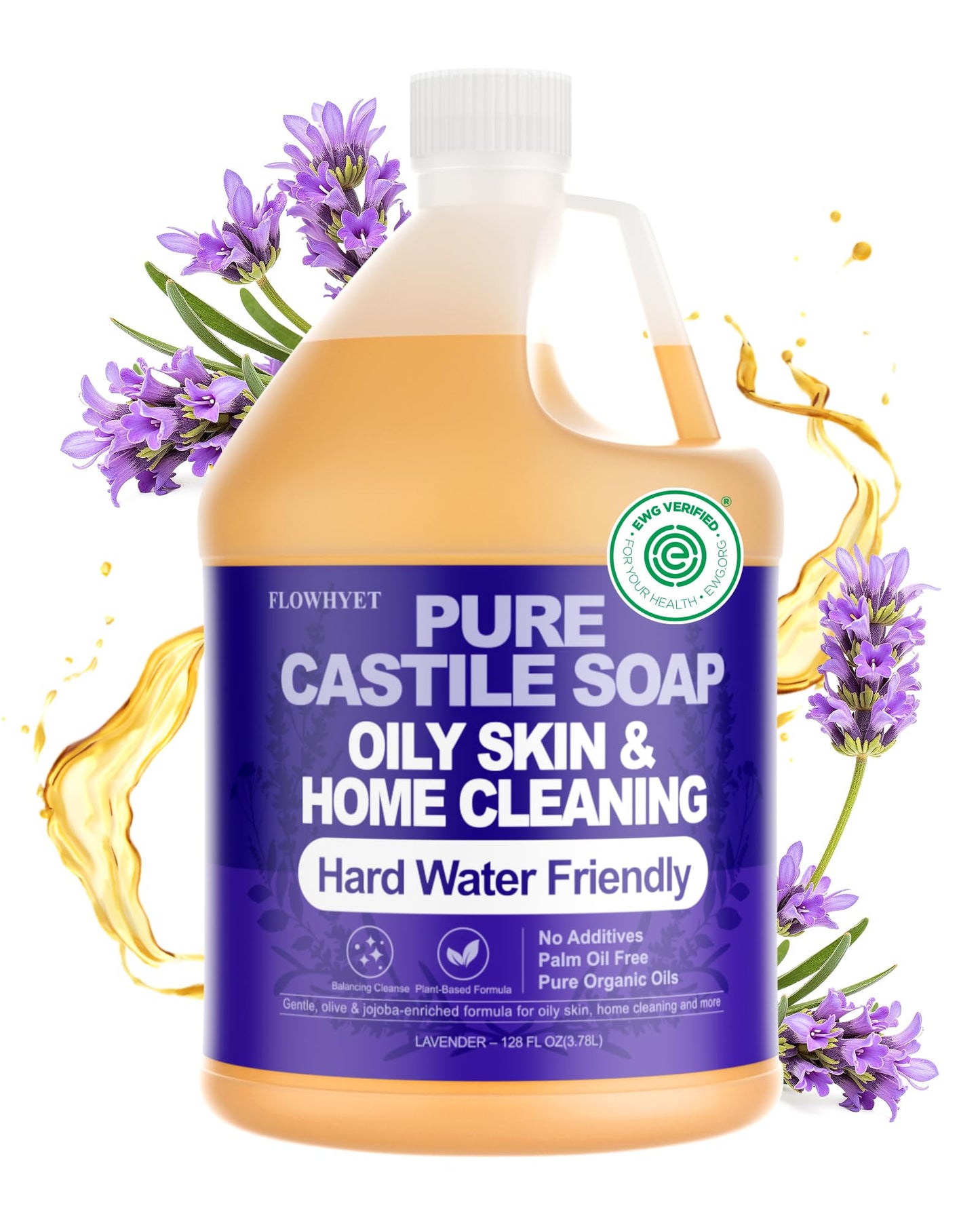 FLOWHYET Organic Castile Soap, Liquid Hand Soap Refill, Natural For Hand, Body Wash, Face, Laundry, Dishes, Home Cleaning - Lavender 32 Fl Oz