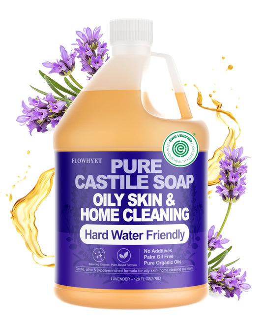 FLOWHYET Organic Castile Soap, Liquid Hand Soap Refill, Natural For Hand, Body Wash, Face, Laundry, Dishes, Home Cleaning - Lavender 32 Fl Oz