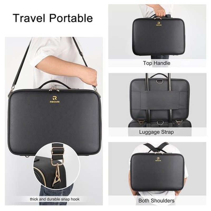 Relavel Makeup Case Large Makeup Bag with LED Mirror, Professional Train Case 16.2 inch, Travel Cosmetic Organizer Brush Holder Waterproof Makeup Artist Storage Box with Adjustable Strap