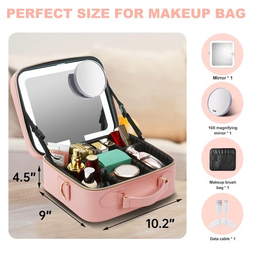 Mocado Travel Makeup Bag with LED Lighted Mirror,Travel Makeup Organizer,Makeup Case with 8 Makeup Brushes and 10x Magnifying Mirror,3 Colors Lighting, Adjustable Dividers Makeup Box(Pink)