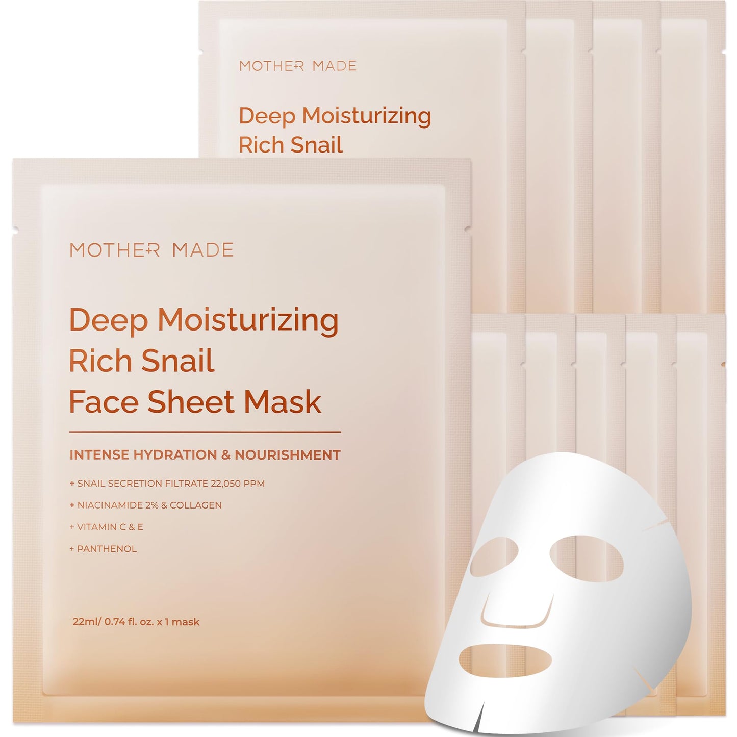 MOTHER MADE Deep Moisturizing Snail Mucin Face Mask 10 Sheets, 22,050ppm Snail Secretion Filtrate, Collagen, 2% Niacinamide, Vitamin C & E, Nourishing Snail Essence, Korean Skincare