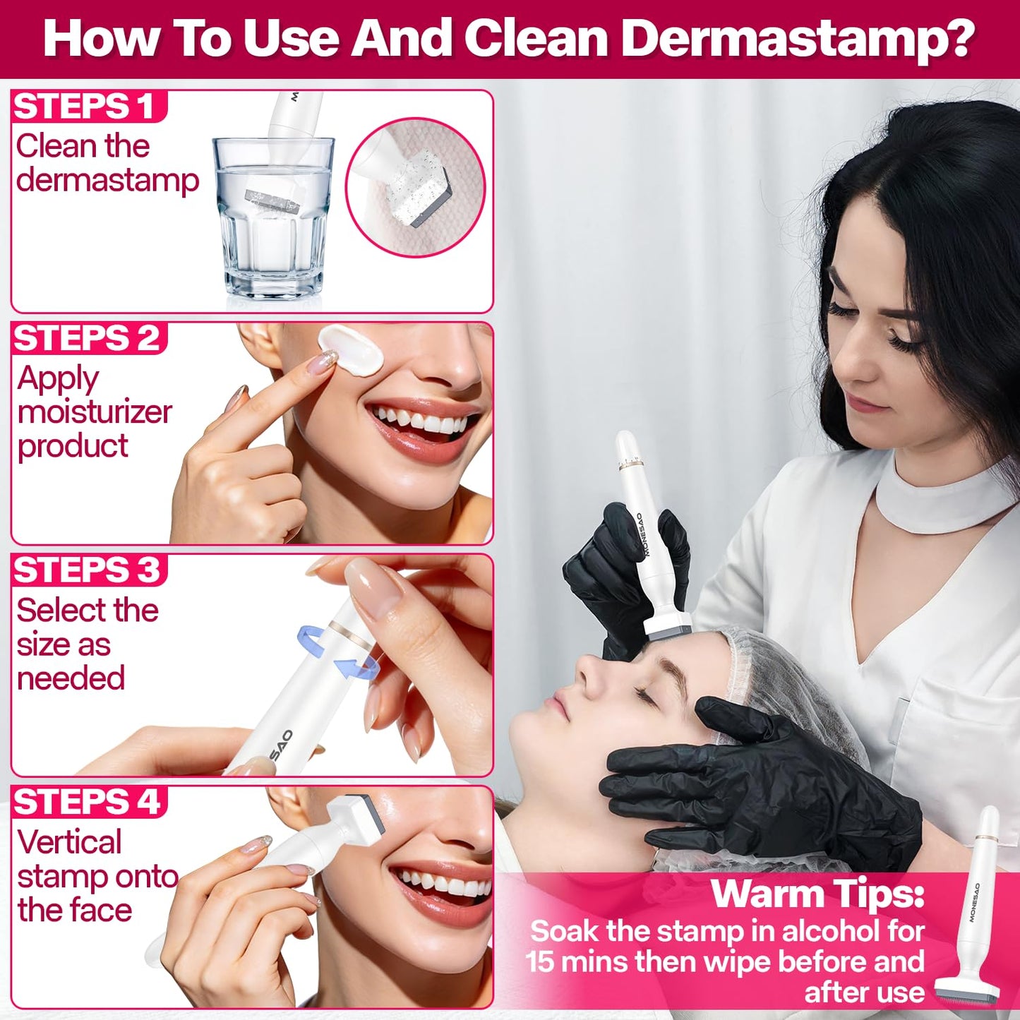 Derma Stamp, MONESAO Microneedling Stamp for Skin Face Hair Scalp Beard, Microneedle Dermastamp Tool with 2 Replacement Heads, Micro Needling Stamp Kit for Women and Men