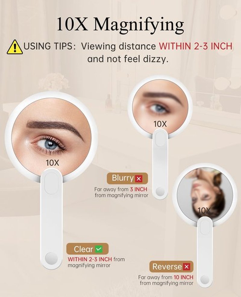 FASCINATE Handheld Mirror with Lights, 1X 10X Double Sided Magnifying Mirror with Swivel Handle, Perfect for Travel, Compact, Pocket, Purse, Folding, with USB Charging